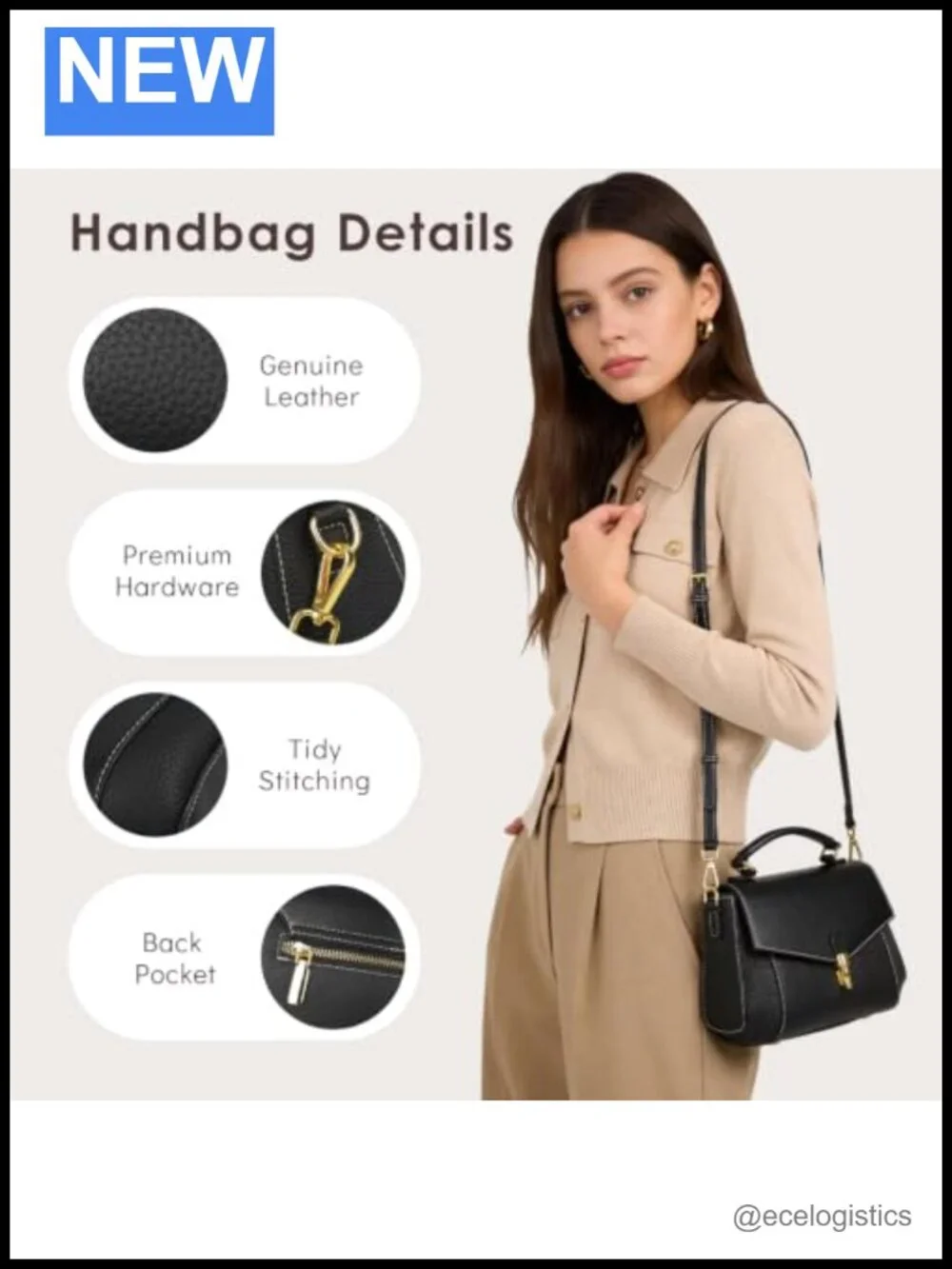 Women's Genuine Leather Crossbody Bag with Detachable Straps and Multiple